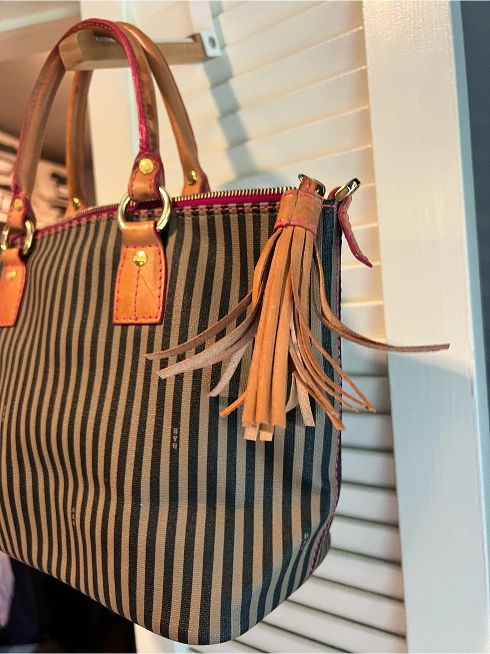 Vintage Inspired Striped Canvas Tote with Tan Leather Handles